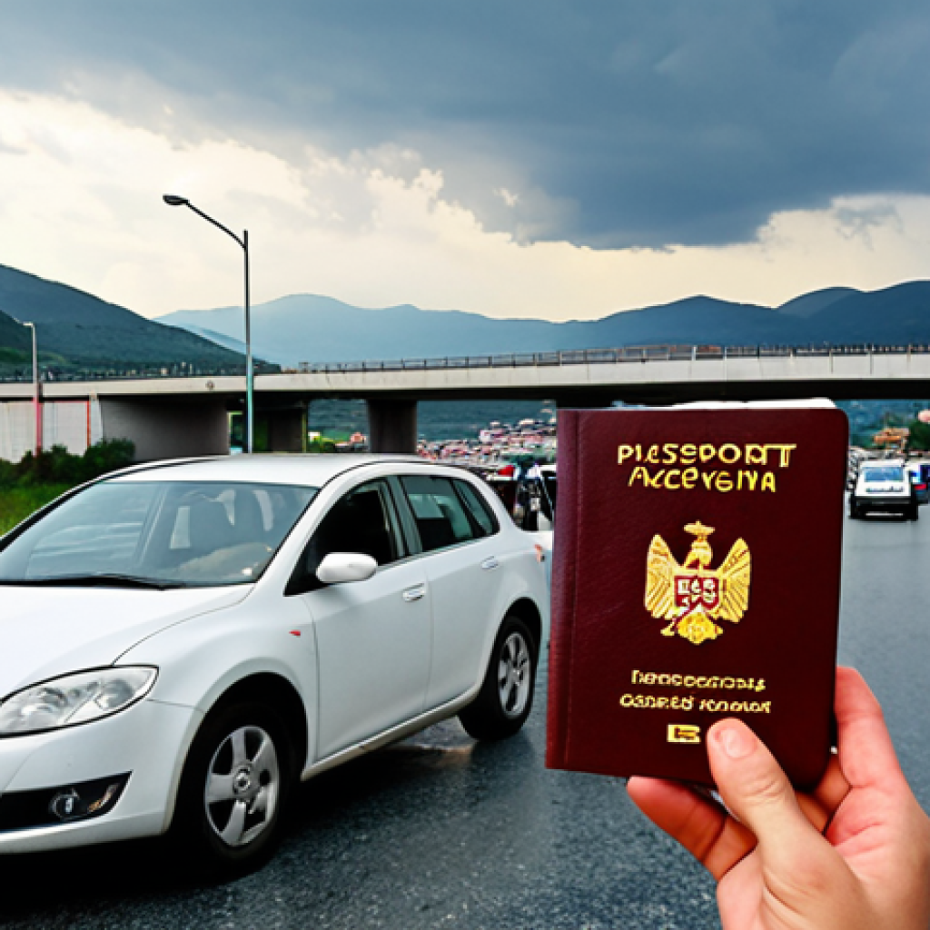 **Image Prompt:** A traveler standing at the Kosovo-Montenegro border crossing, holding a passport and car documents. In the background, the border checkpoint with long lines of cars. The sky is slightly overcast. The image should convey a sense of anticipation and slight bureaucratic hassle. Focus on realistic details of the checkpoint.