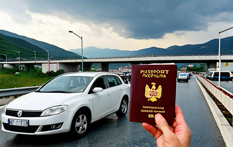 **Image Prompt:** A traveler standing at the Kosovo-Montenegro border crossing, holding a passport and car documents. In the background, the border checkpoint with long lines of cars. The sky is slightly overcast. The image should convey a sense of anticipation and slight bureaucratic hassle. Focus on realistic details of the checkpoint.