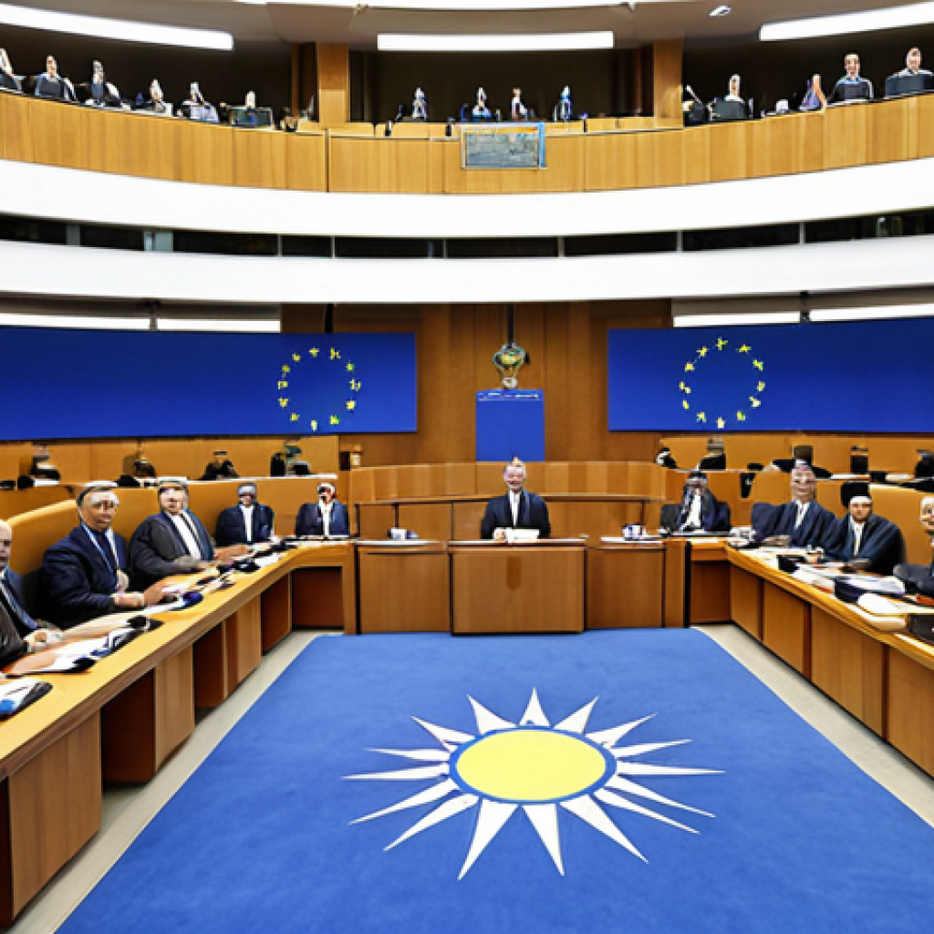"A dynamic and modern scene inside the Assembly of Kosovo, showcasing a diverse group of members of parliament, including representatives from various minority communities, engaged in a vibrant debate. The architecture of the parliamentary hall should be contemporary, symbolizing a young and aspiring state. Subtle elements of European integration, like an EU flag or thematic colors, can be present in the background. The image should convey the energy of a vibrant, inclusive democracy in action."