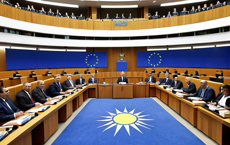 "A dynamic and modern scene inside the Assembly of Kosovo, showcasing a diverse group of members of parliament, including representatives from various minority communities, engaged in a vibrant debate. The architecture of the parliamentary hall should be contemporary, symbolizing a young and aspiring state. Subtle elements of European integration, like an EU flag or thematic colors, can be present in the background. The image should convey the energy of a vibrant, inclusive democracy in action."