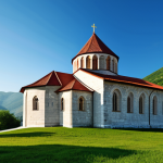 A breathtaking professional photography shot capturing the majestic exterior of Visoki Dečani Monastery in Kosovo. The early morning light softly illuminates its distinctive Romanesque-Gothic architecture, showcasing the intricate marble and stone details. The monastery stands grandly amidst a serene natural landscape of lush green trees under a clear, gentle sky. The image evokes a deep sense of historical tranquility and architectural splendor, highlighting its preservation. High-resolution, sharp focus, detailed textures, natural colors, professional lighting, epic wide-angle, perfect anatomy, correct proportions, natural pose, well-formed architecture, structurally accurate, safe for work, appropriate content, fully clothed, modest, family-friendly.