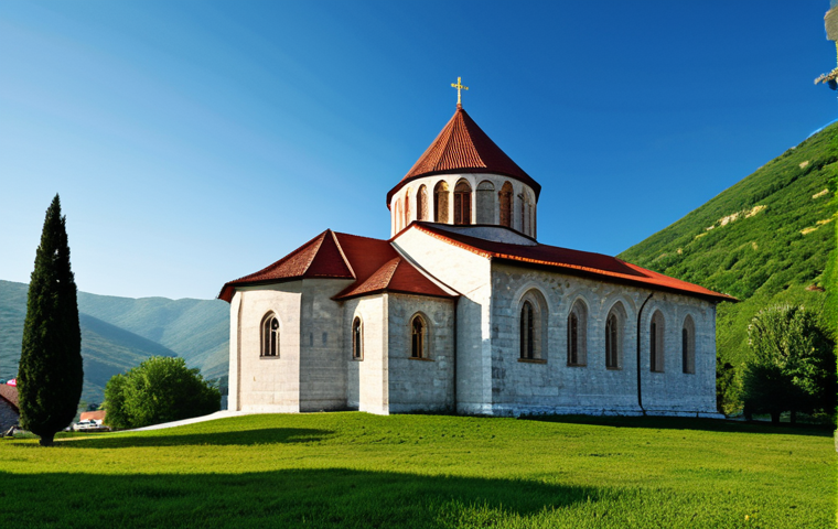 A breathtaking professional photography shot capturing the majestic exterior of Visoki Dečani Monastery in Kosovo. The early morning light softly illuminates its distinctive Romanesque-Gothic architecture, showcasing the intricate marble and stone details. The monastery stands grandly amidst a serene natural landscape of lush green trees under a clear, gentle sky. The image evokes a deep sense of historical tranquility and architectural splendor, highlighting its preservation. High-resolution, sharp focus, detailed textures, natural colors, professional lighting, epic wide-angle, perfect anatomy, correct proportions, natural pose, well-formed architecture, structurally accurate, safe for work, appropriate content, fully clothed, modest, family-friendly.