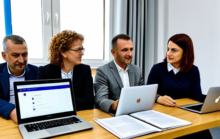 **

A diverse group of teachers participating in a professional development workshop in Pristina, Kosovo. The workshop is focused on integrating technology into the classroom. The teachers are fully clothed in professional attire, using laptops and tablets. The scene is well-lit, with a focus on collaboration and learning. Safe for work, appropriate content, professional, modest.

**