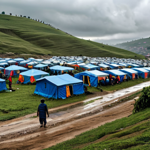 Home 28 Refugee Camp Scene**
A large, organized refugee camp on a rolling hillside, fully clothed families seeking shelter, appropriate content, tents and humanitarian aid supplies visible, safe for work, perfect anatomy, natural proportions, overcast sky, somber atmosphere, professional photojournalism, high detail.
**