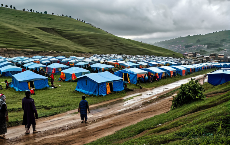 Refugee Camp Scene**

A large, organized refugee camp on a rolling hillside, fully clothed families seeking shelter, appropriate content, tents and humanitarian aid supplies visible, safe for work, perfect anatomy, natural proportions, overcast sky, somber atmosphere, professional photojournalism, high detail.

**