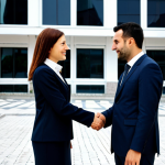 Modern Business in Kosovo**

"A professional businesswoman in a modest, tailored business suit, shaking hands with a local Kosovar businessman in front of a modern office building in Pristina, Kosovo. The scene should convey trust and collaboration. Fully clothed, appropriate attire, safe for work, perfect anatomy, natural proportions, professional photography, high quality, family-friendly."

**