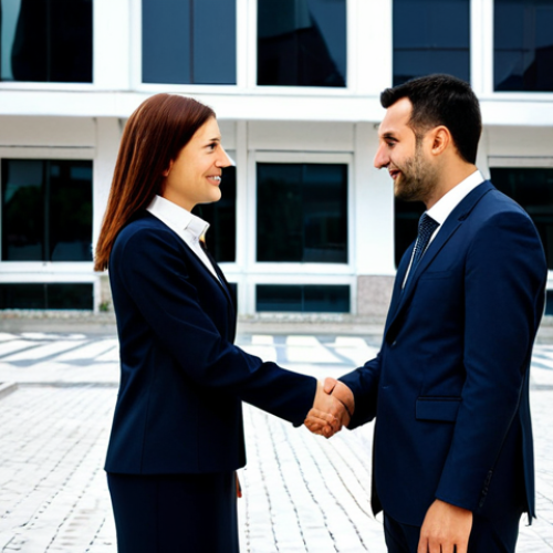 Home 14 Modern Business in Kosovo**
"A professional businesswoman in a modest, tailored business suit, shaking hands with a local Kosovar businessman in front of a modern office building in Pristina, Kosovo. The scene should convey trust and collaboration. Fully clothed, appropriate attire, safe for work, perfect anatomy, natural proportions, professional photography, high quality, family-friendly."
**