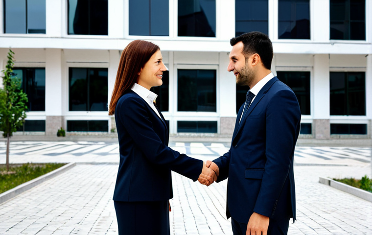 Modern Business in Kosovo**

"A professional businesswoman in a modest, tailored business suit, shaking hands with a local Kosovar businessman in front of a modern office building in Pristina, Kosovo. The scene should convey trust and collaboration. Fully clothed, appropriate attire, safe for work, perfect anatomy, natural proportions, professional photography, high quality, family-friendly."

**