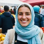 코소보 화폐와 환전 방법 - **Prompt:** A cheerful female traveler, dressed in modest, comfortable clothing, stands in a bustlin...