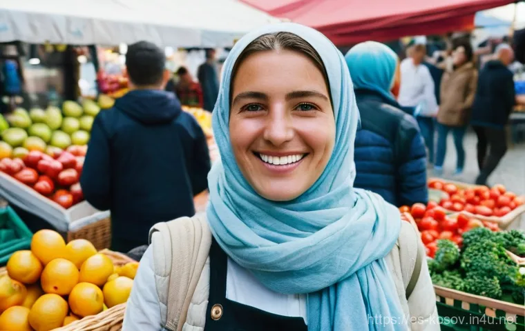 코소보 화폐와 환전 방법 - **Prompt:** A cheerful female traveler, dressed in modest, comfortable clothing, stands in a bustlin...