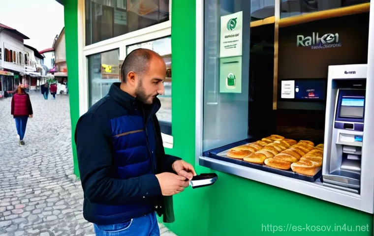 코소보 화폐와 환전 방법 - **Prompt:** A cheerful female traveler, dressed in modest, comfortable clothing, stands in a bustlin...