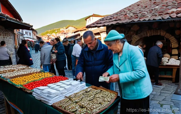 코소보 화폐와 환전 방법 - **Prompt:** A dynamic urban street scene in Prizren, Kosovo, illustrating the diverse financial land...