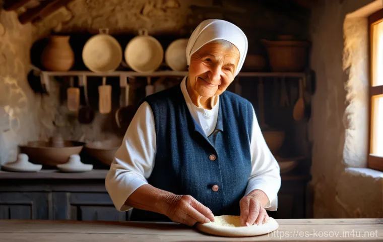 코소보에서 인기 있는 레스토랑 - Image Prompt 1: The Art of Flija in a Traditional Kosovar Kitchen**