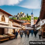 코소보에서 가족 여행하기 - A lively family scene walking through the cobblestone streets of Prizren’s old town, featuring detai...