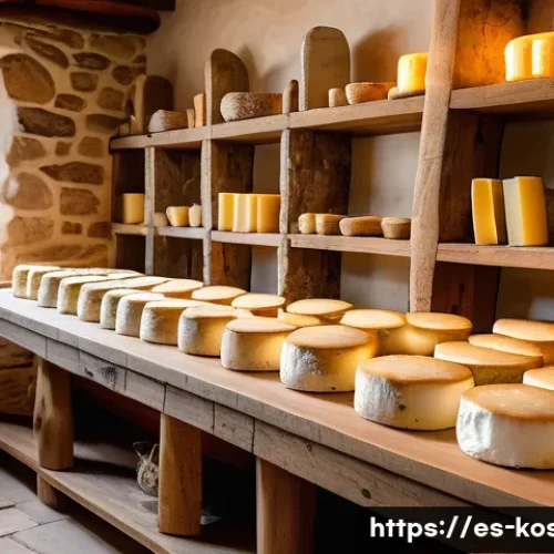 코소보 지역 특산물 - A rustic mountain village cheese workshop in Kosovo, showcasing artisanal cheeses made from fresh sh...