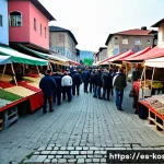 코소보 독립 선언 - A detailed scene depicting the ethnic complexity of Kosovo: a vibrant street market in Pristina with...