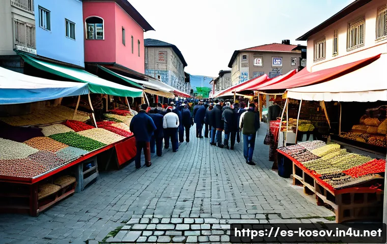코소보 독립 선언 - A detailed scene depicting the ethnic complexity of Kosovo: a vibrant street market in Pristina with...