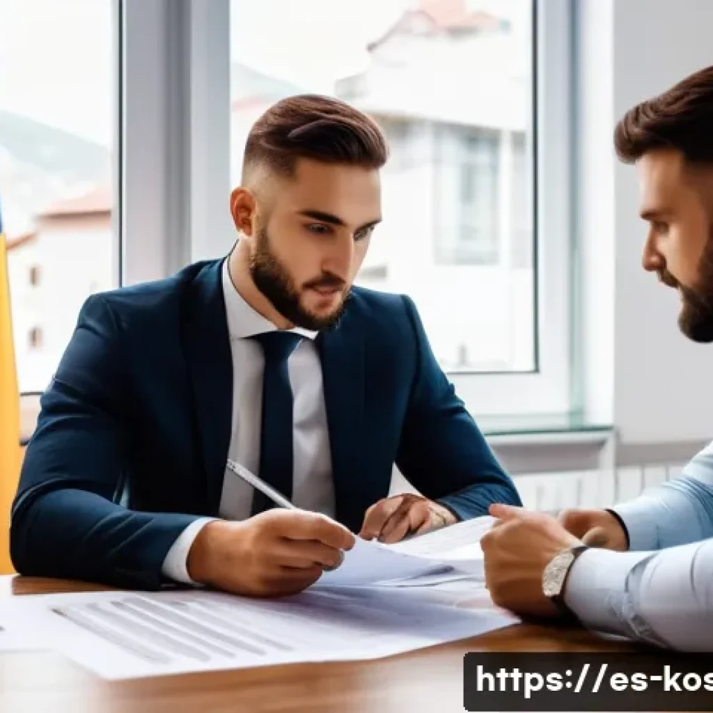 코소보에서 창업 시 법률 - A modern small business office scene in Kosovo, showcasing a young entrepreneur consulting with a lo...