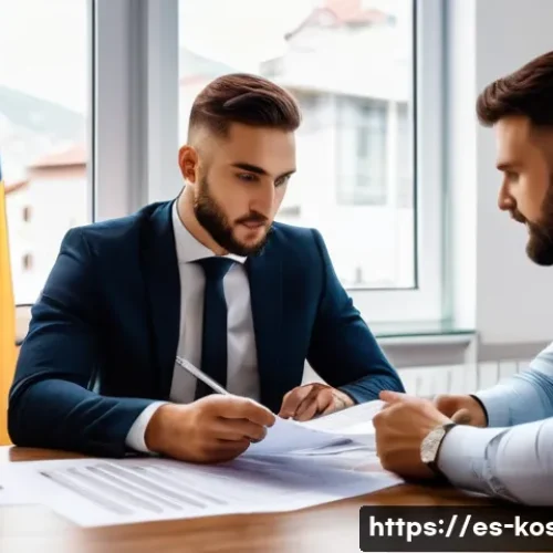 Home 17 코소보에서 창업 시 법률 - A modern small business office scene in Kosovo, showcasing a young entrepreneur consulting with a lo...