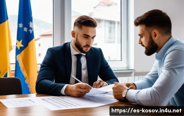 코소보에서 창업 시 법률 - A modern small business office scene in Kosovo, showcasing a young entrepreneur consulting with a lo...