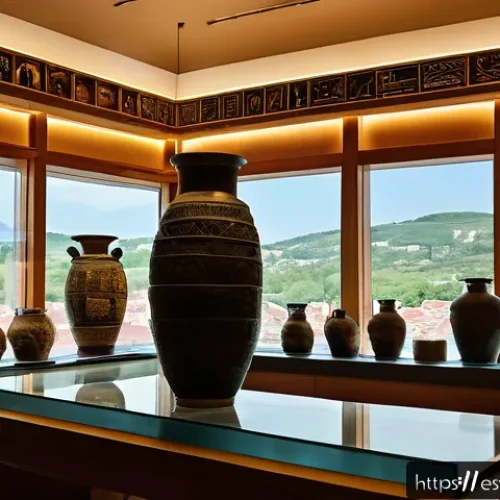 Home 17 코소보 국립박물관 - A detailed museum interior showcasing ancient archaeological artifacts from Kosovo, including bronze...