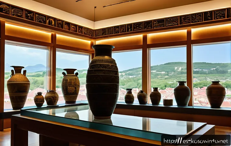 코소보 국립박물관 - A detailed museum interior showcasing ancient archaeological artifacts from Kosovo, including bronze...
