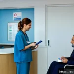 코소보 병원 이용 방법 - A modern hospital reception area in Kosovo, showing a diverse group of patients including a young wo...