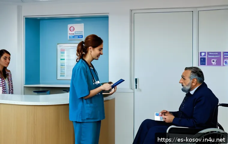 코소보 병원 이용 방법 - A modern hospital reception area in Kosovo, showing a diverse group of patients including a young wo...
