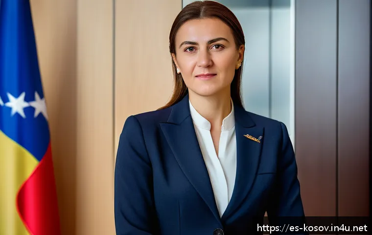 코소보 대통령과 총리 - A detailed portrait of a female political leader in a formal setting, representing Kosovo’s presiden...