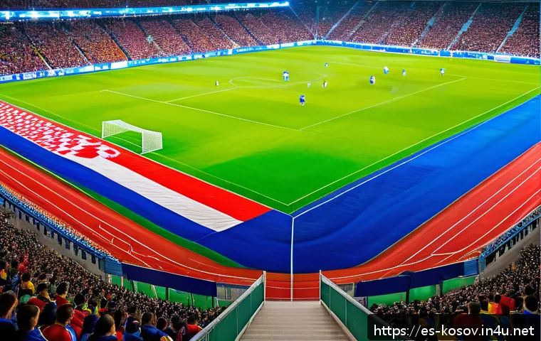코소보와 FIFA 가입 문제 - A dynamic international soccer match scene featuring the Kosovo national team playing in a modern st...