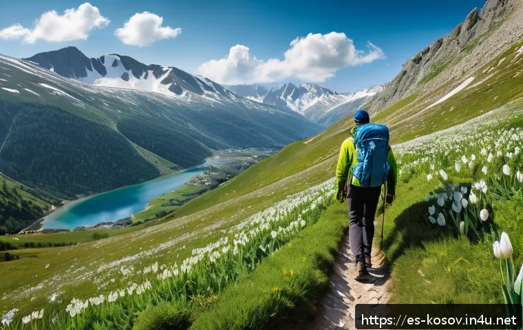 코소보에서 도보 여행하기 - A panoramic view of the Šar Mountains in Kosovo during springtime, featuring rugged mountain peaks w...