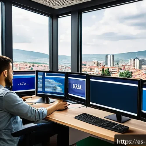 코소보에서 일자리 찾기 - A modern Kosovo tech startup office scene showing diverse young professionals collaborating on softw...