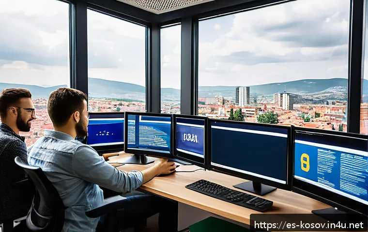 코소보에서 일자리 찾기 - A modern Kosovo tech startup office scene showing diverse young professionals collaborating on softw...