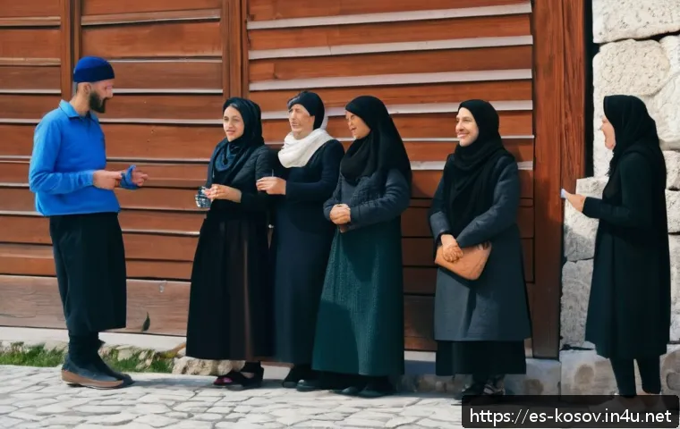 코소보에서 조심해야 할 것 - A respectful street scene in Kosovo showing a diverse group of locals and tourists interacting peace...