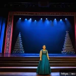 코소보에서 오페라 공연 관람 - A vibrant opera scene inside a modern theater in Pristina, Kosovo, showcasing a young female opera s...