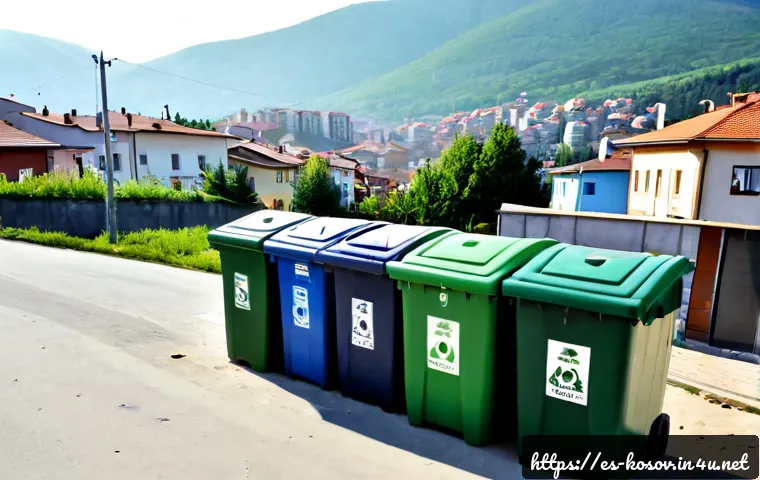 코소보에서 재활용 시스템 - Photorealistic morning scene in Pristina, Kosovo, showing a clean neighborhood recycling station wit...